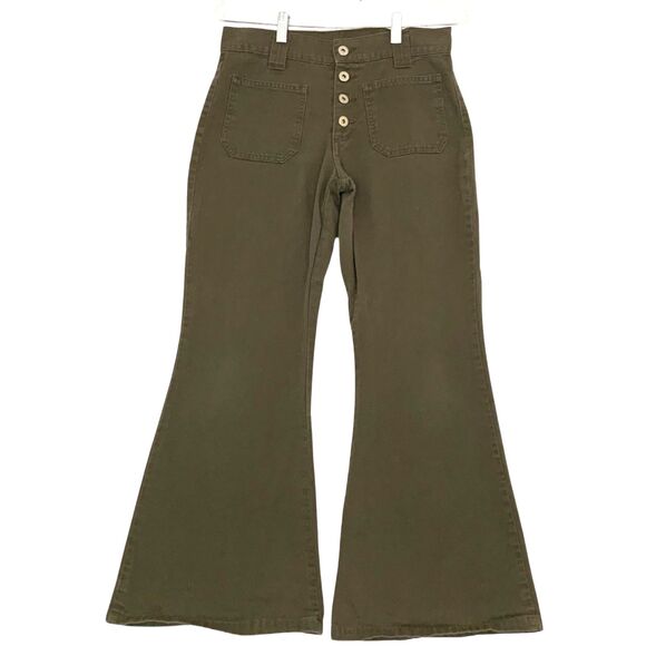L2l2 Denim - Olive Green Mid-High Rise Flare Button-fly Jeans Women Size 7
